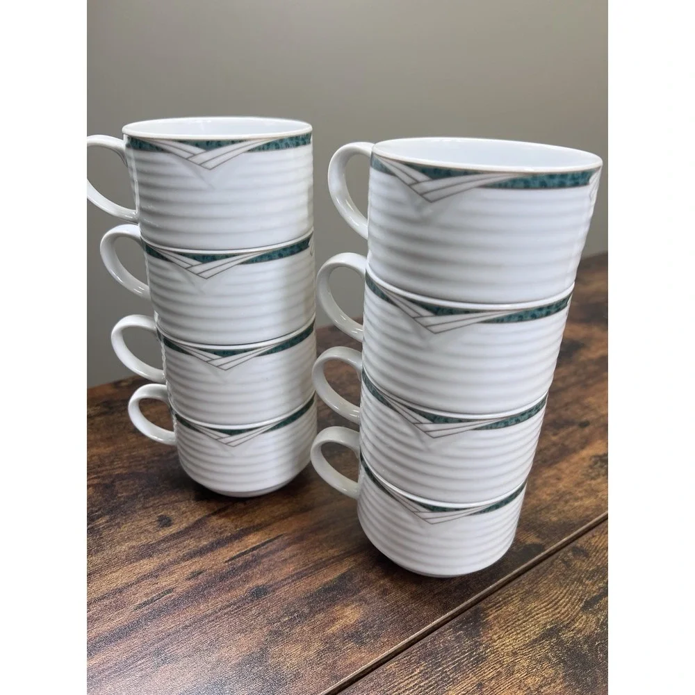 Lot Of 9 Contemporary Noritake Tea Cups Arctic Green Ribbed Very Nice